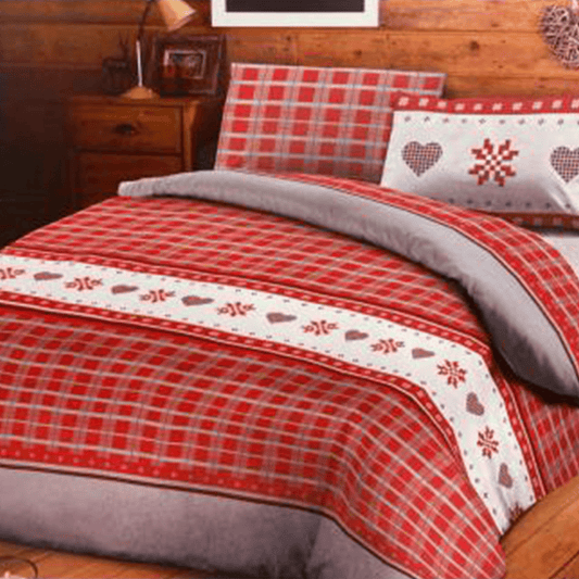 Parure copripiumino matrimoniale Lautaret Infinity rosso in cotone con 2 federe, stile tirolese