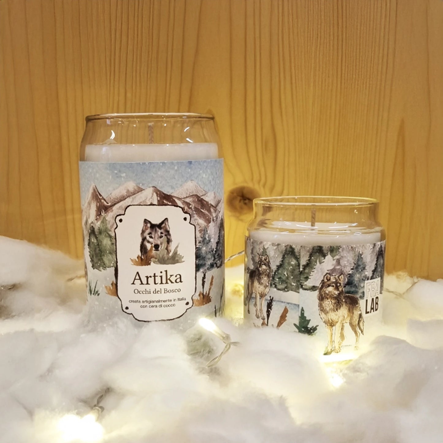 Candela profumata Occhi del Bosco artigianale in cera di cocco con fragranza arancia, lavanda e fava Tonka