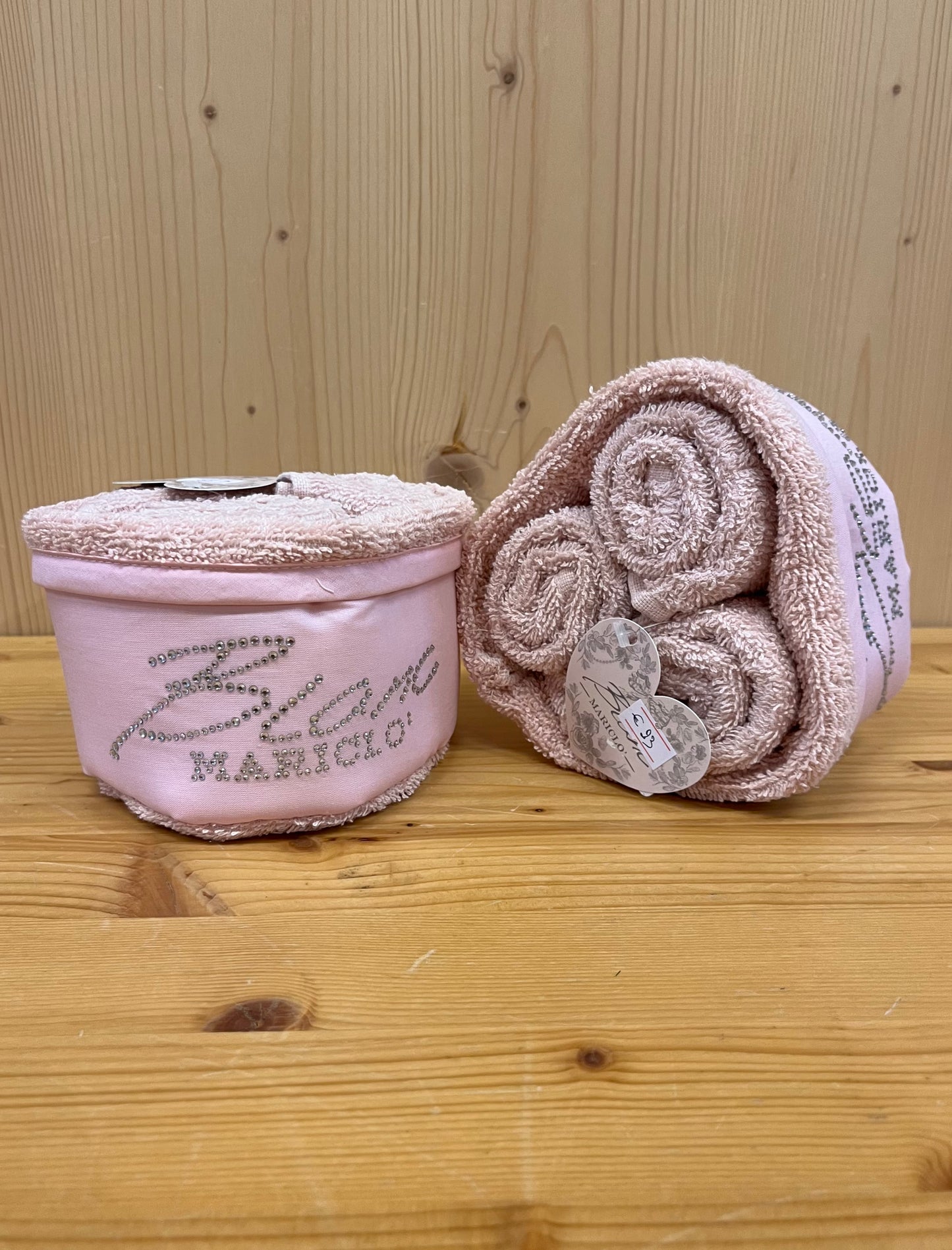 Cestino lavette Swarosky in variante rosa con 3 lavette