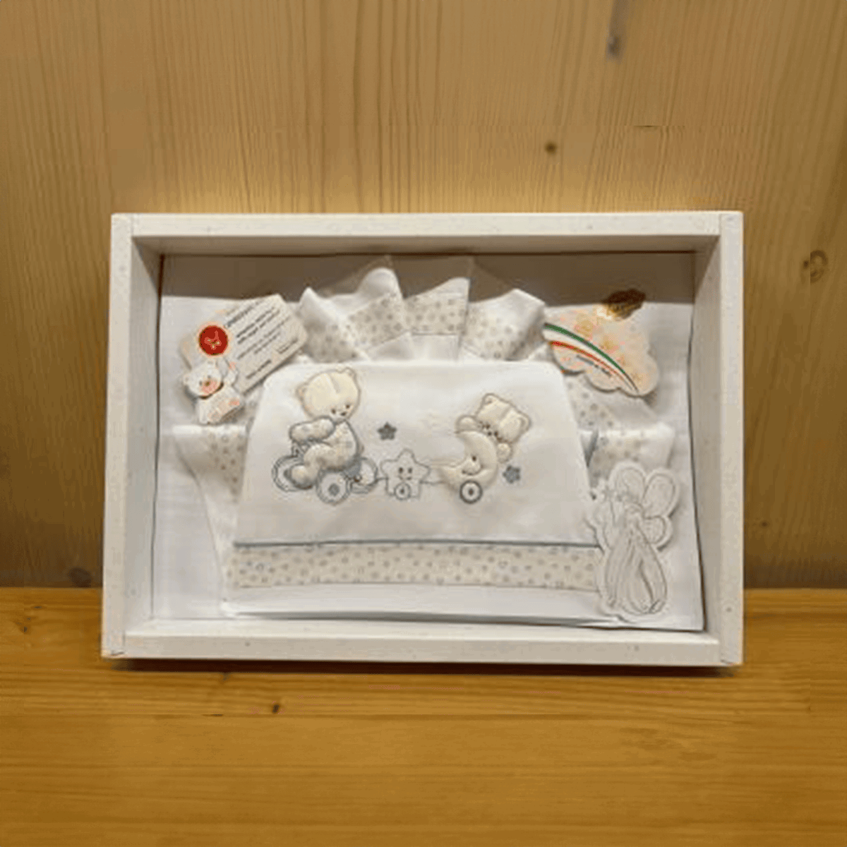 Completo culla 3 pezzi Orsetti Nazareno Gabrielli in cotone azzurro e panna con lenzuolo, federa e sottolenzuolo