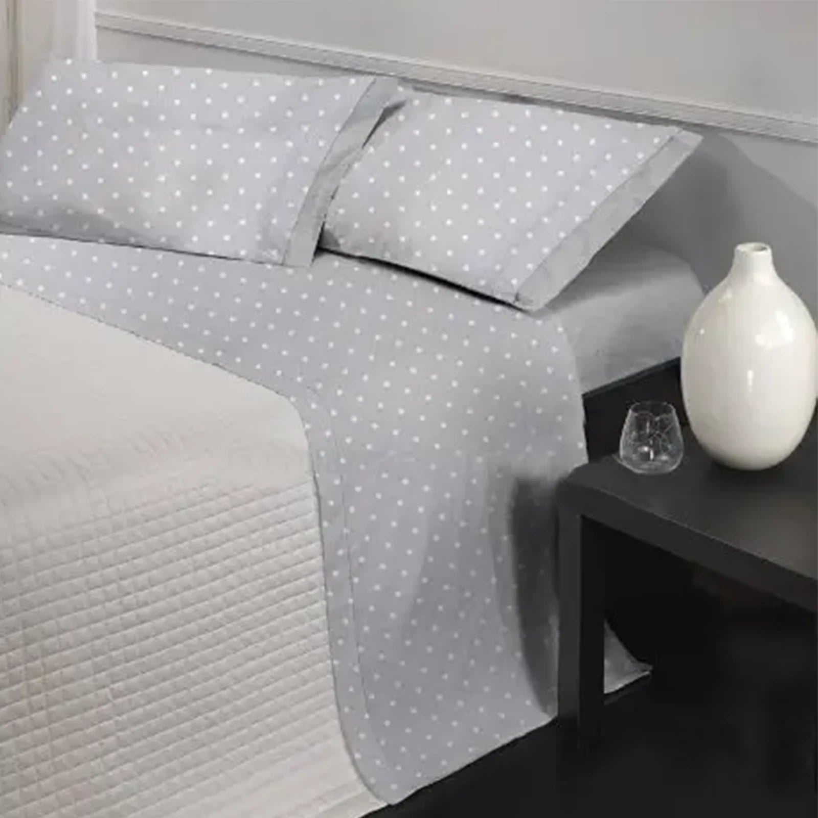 Completo letto matrimoniale a pois grigio in flanella di cotone
