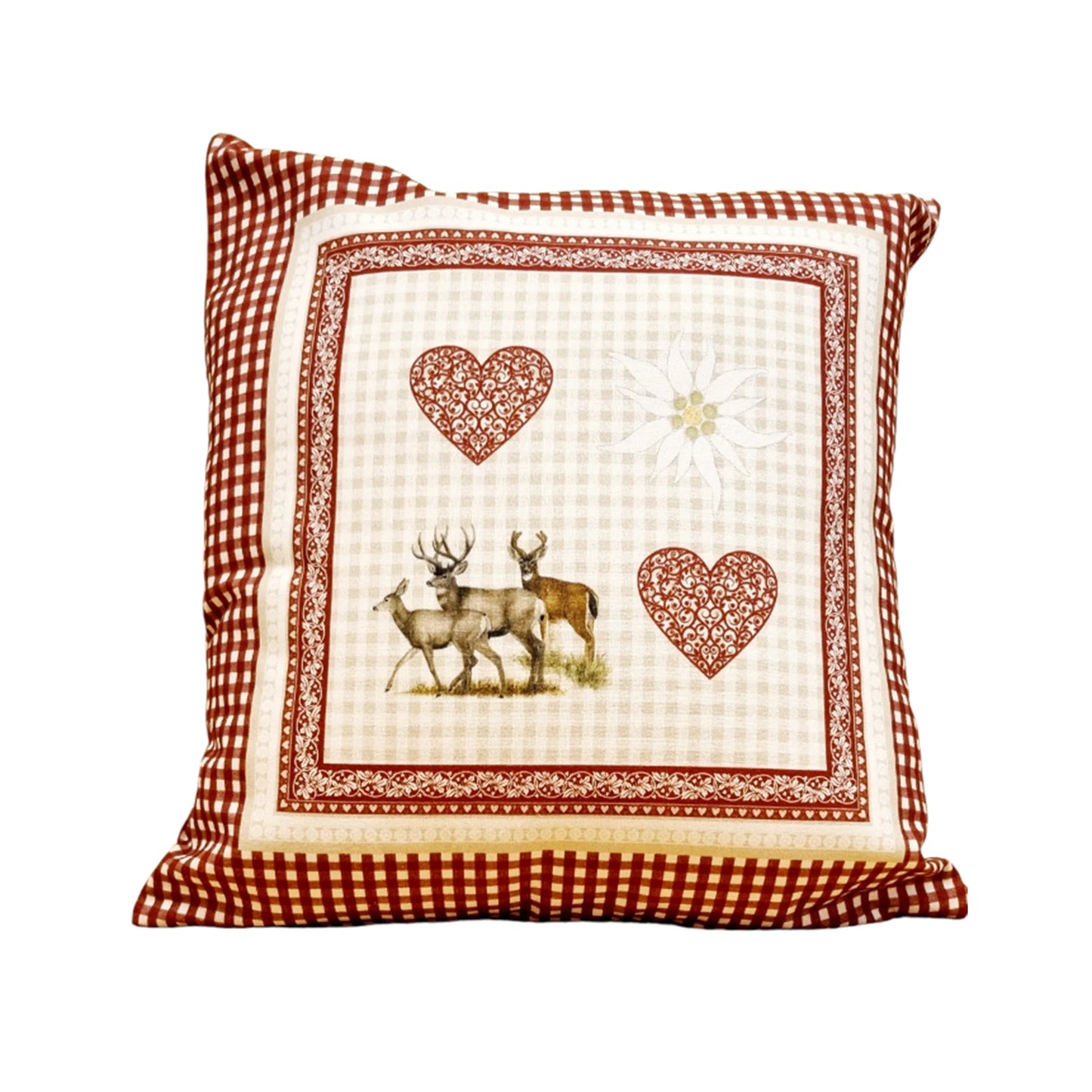 Copricuscino tirolese Alpen Heart con cuori e cervi, 45x45 cm