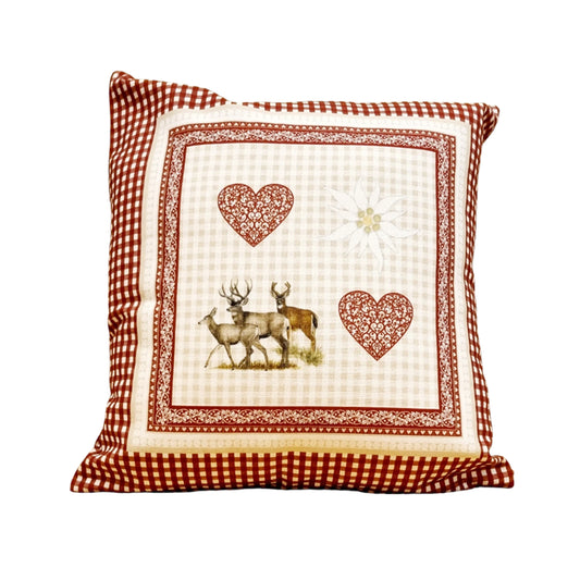 Copricuscino tirolese Alpen Heart con cuori e cervi, 45x45 cm