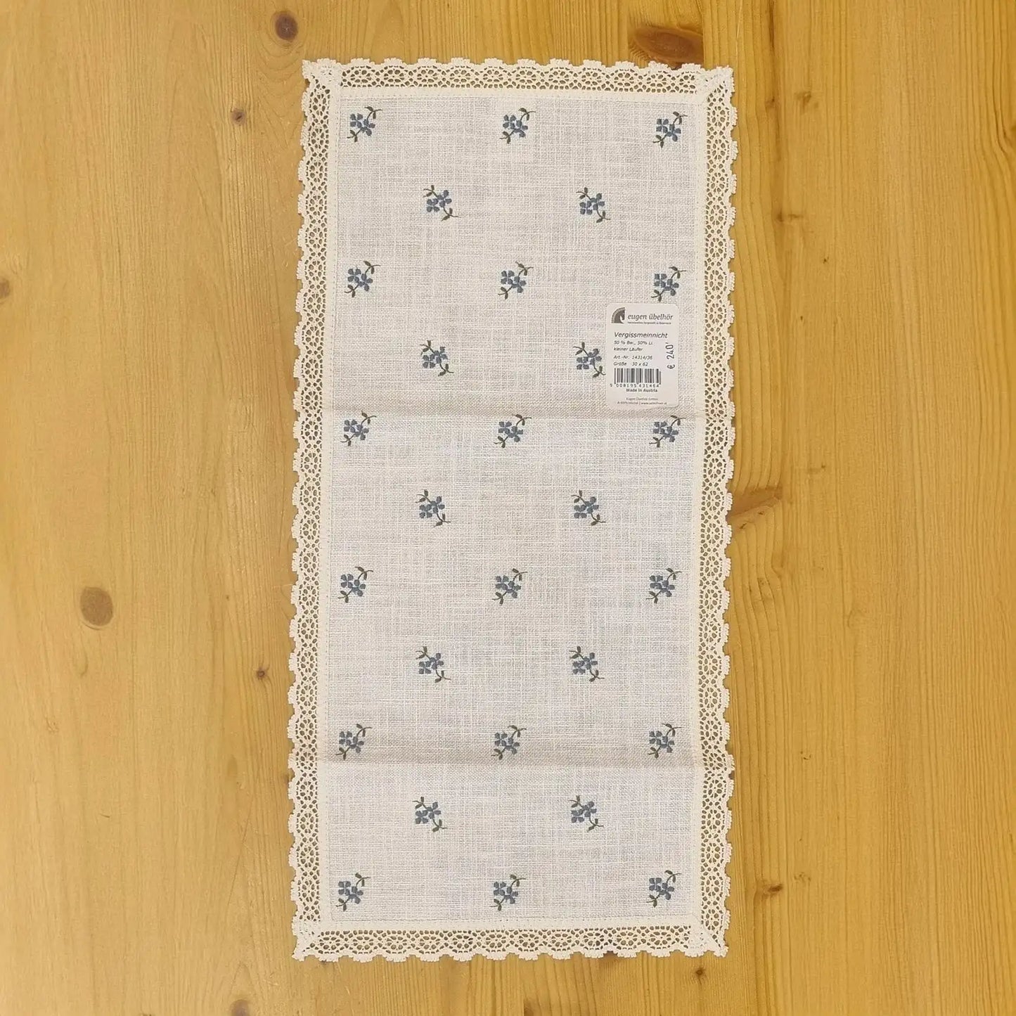 Runner tirolese fantasia floreale azzurro 30x62 cm con bordo in pizzo