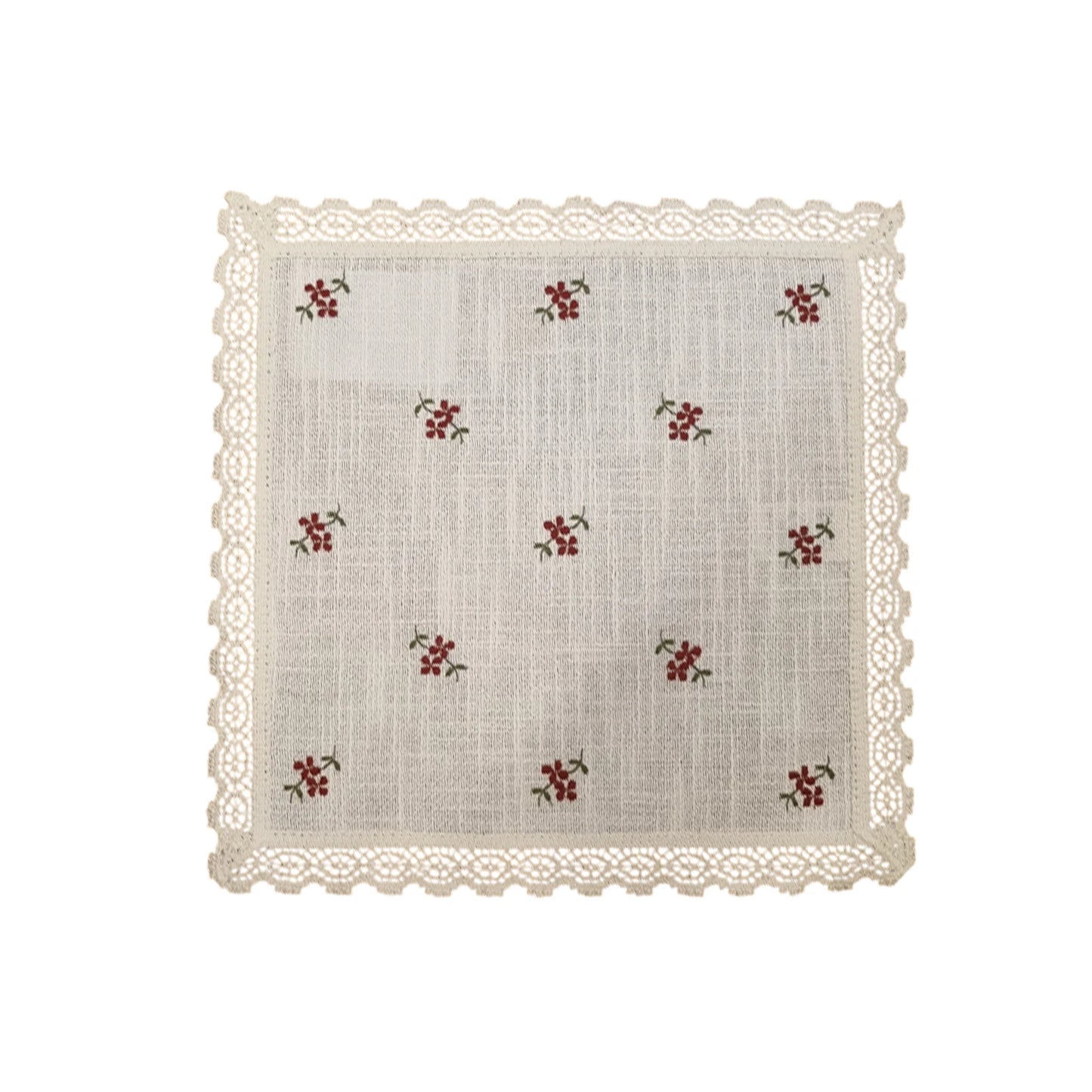 Runner tirolese fantasia floreale rosso 30x30 cm con bordo in pizzo