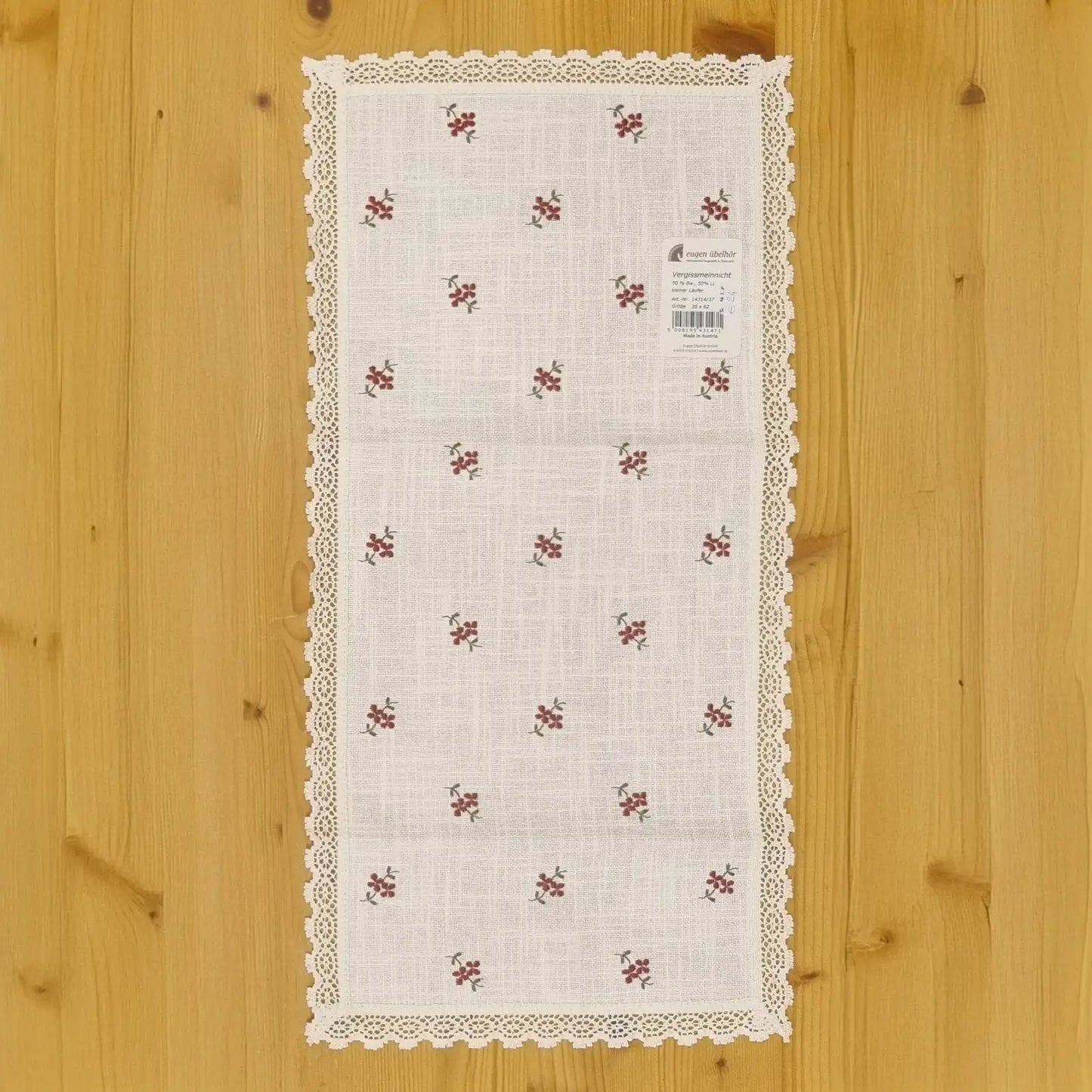 Runner tirolese fantasia floreale rosso 30x62 cm con bordo in pizzo