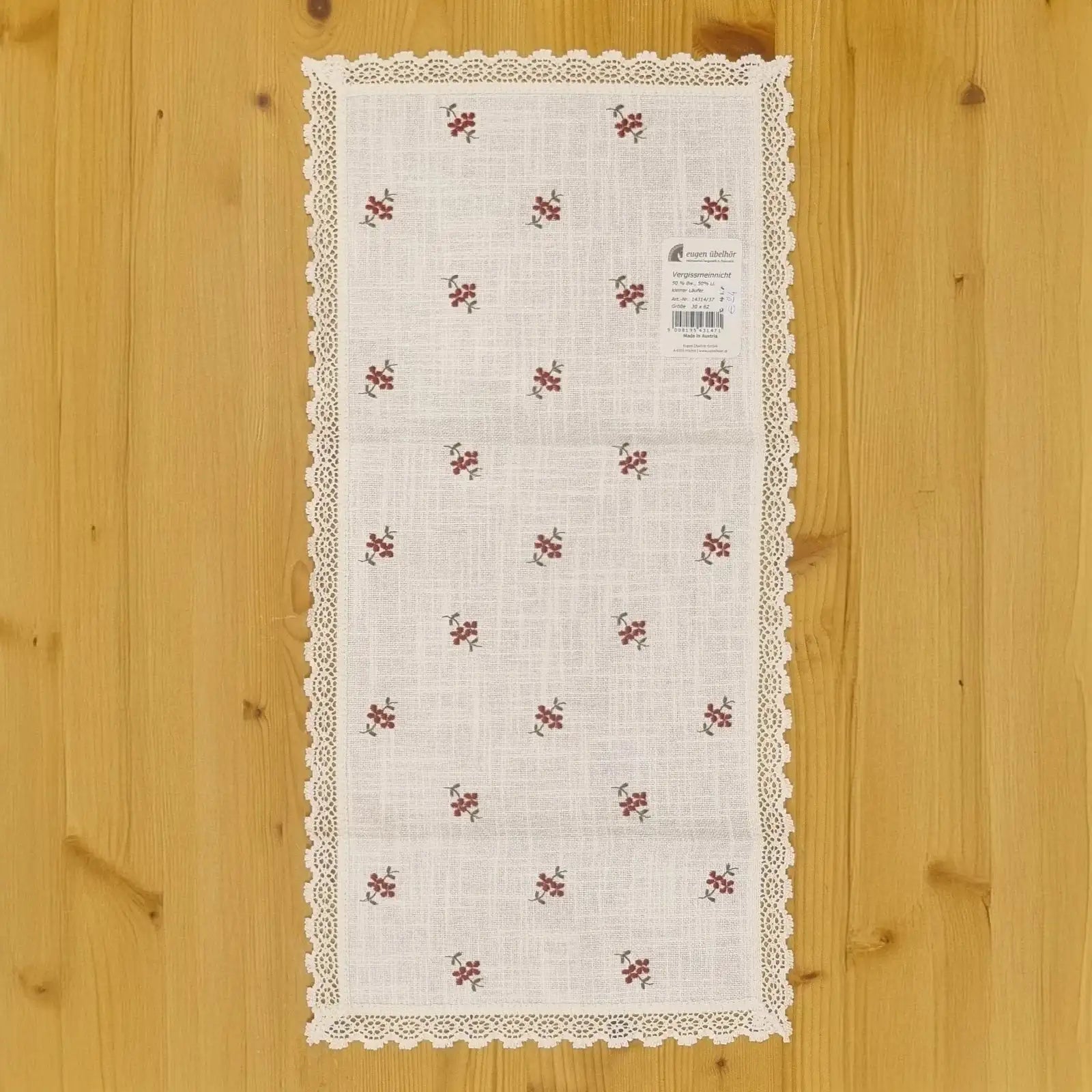 Runner tirolese fantasia floreale rosso 30x62 cm con bordo in pizzo