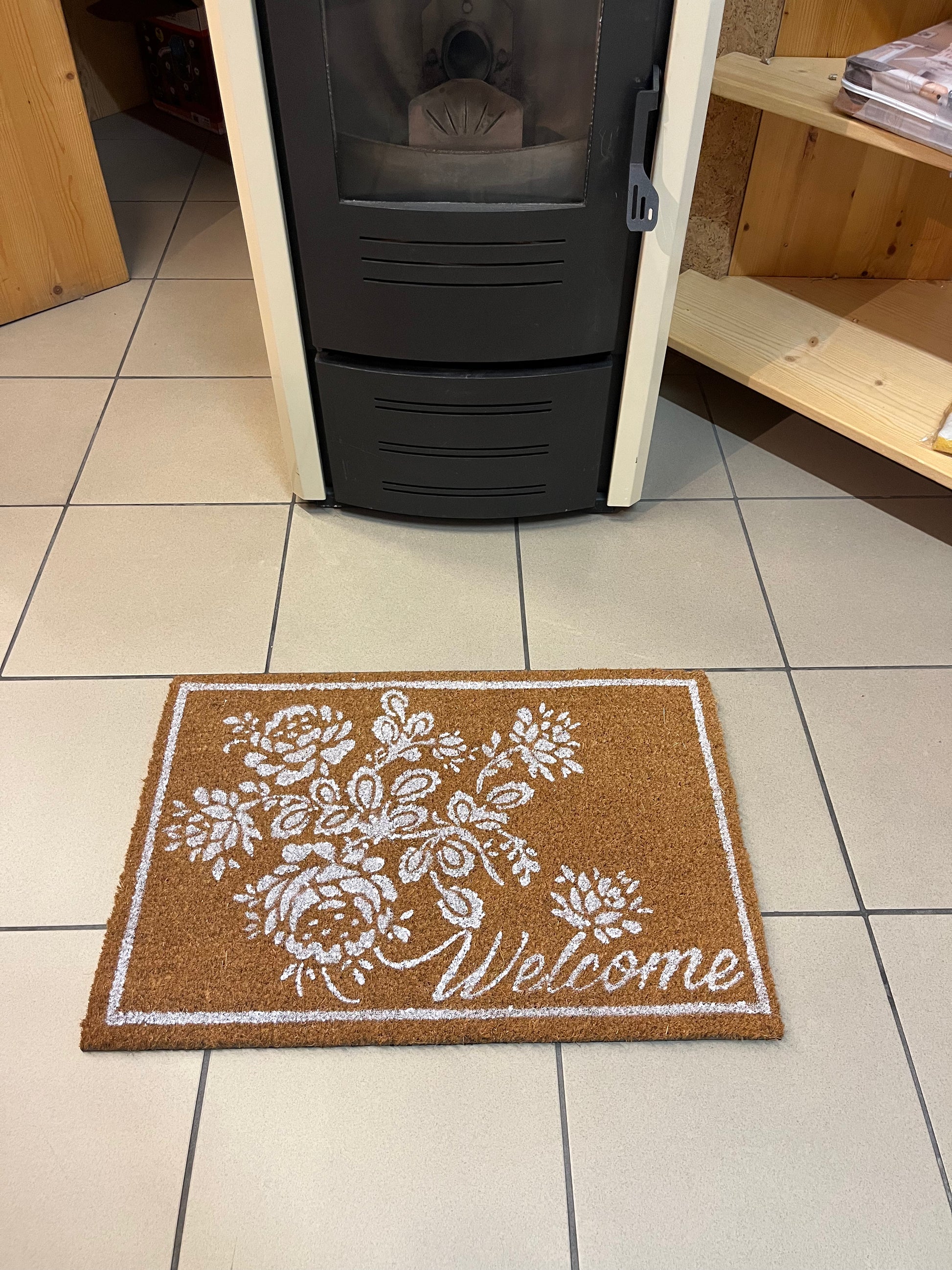 Zerbino Shabby Chic rettangolare con scritta "Welcome", 60x40 cm, 60% cocco 40% PVC