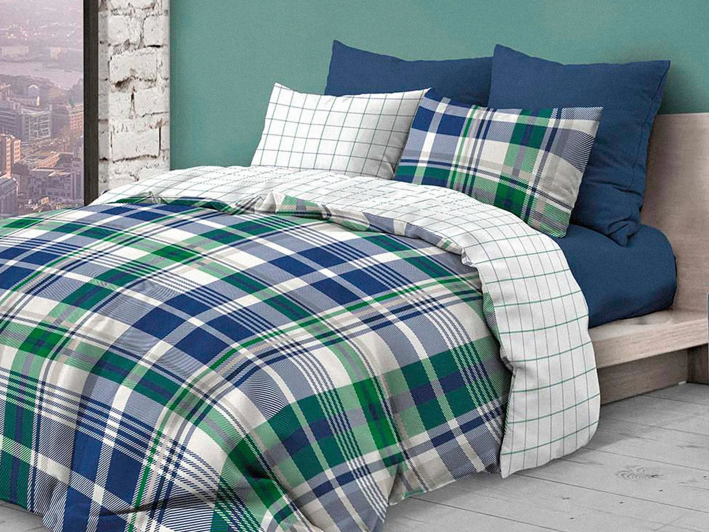 Parure copripiumino Infinity matrimoniale "Chester Verde/Blu"