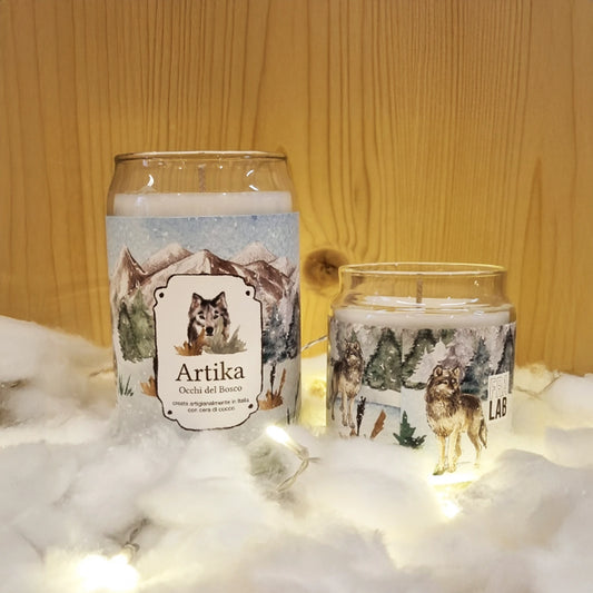 Candela profumata Occhi del Bosco artigianale in cera di cocco con fragranza arancia, lavanda e fava Tonka