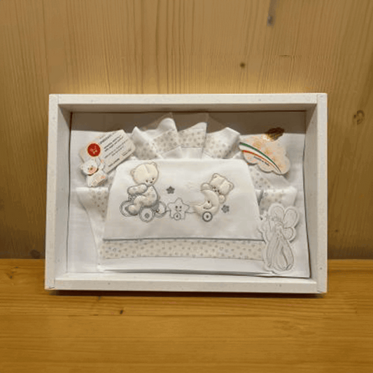 Completo culla 3 pezzi Orsetti Nazareno Gabrielli in cotone azzurro e panna con lenzuolo, federa e sottolenzuolo