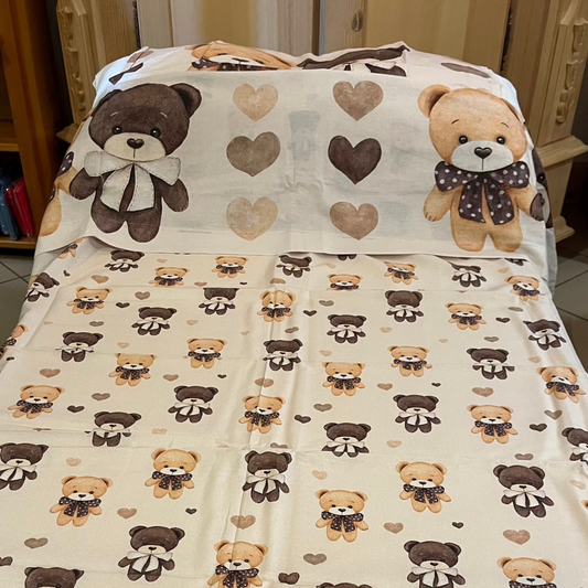 Completo lenzuolo copriletto Baby Dream con motivi orsetto, adatto a lettini montessoriani