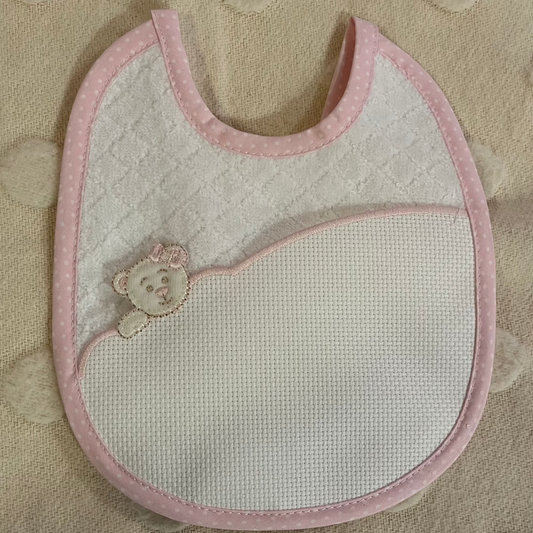 Coppia di bavaglini da ricamare a punto croce con orsetti e dettagli rosa, personalizzabili
