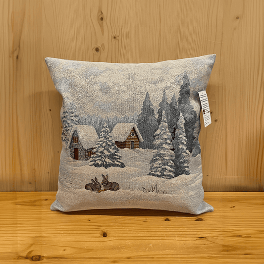 Copricuscino natalizio con conigli bianchi e lurex argento 45x45 cm