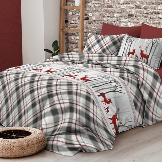 Copripiumino matrimoniale Lagorai in cotone grigio con fantasia geometrica e cervi