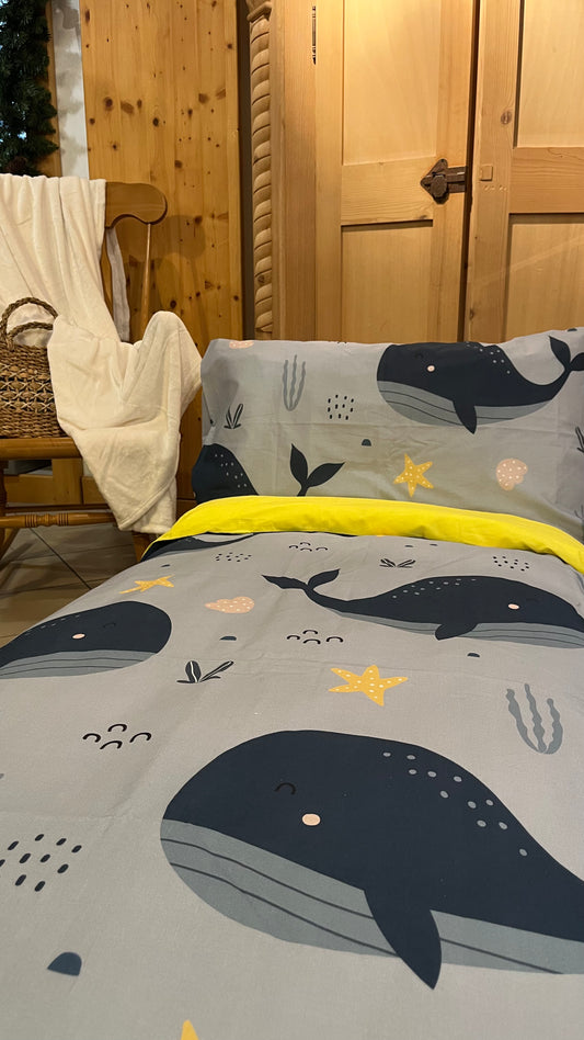 Parure copripiumino singolo Moby Dick in cotone con sacco e federa