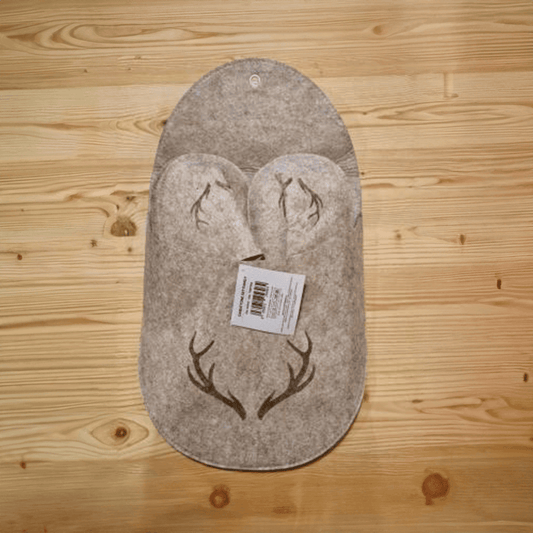 Set di ciabatte per ospiti Testa di Cervo in feltro tortora, 4 paia, taglia unica, tasca decorativa montagna