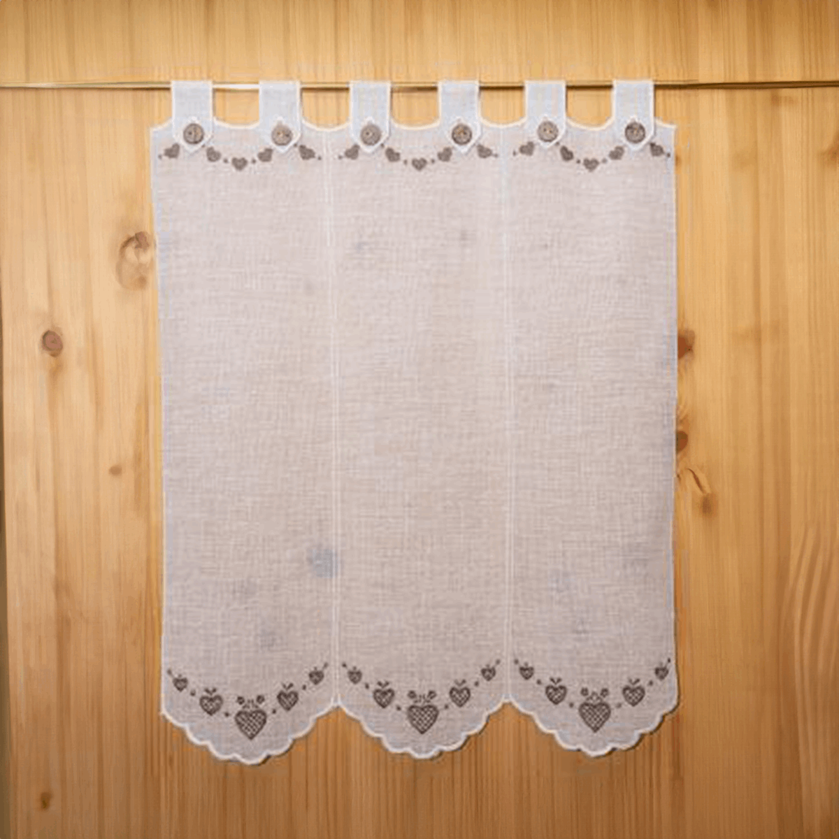 Tenda tirolese marrone con bretelle e cuori ricamati, moduli 16 cm, tagliata su misura