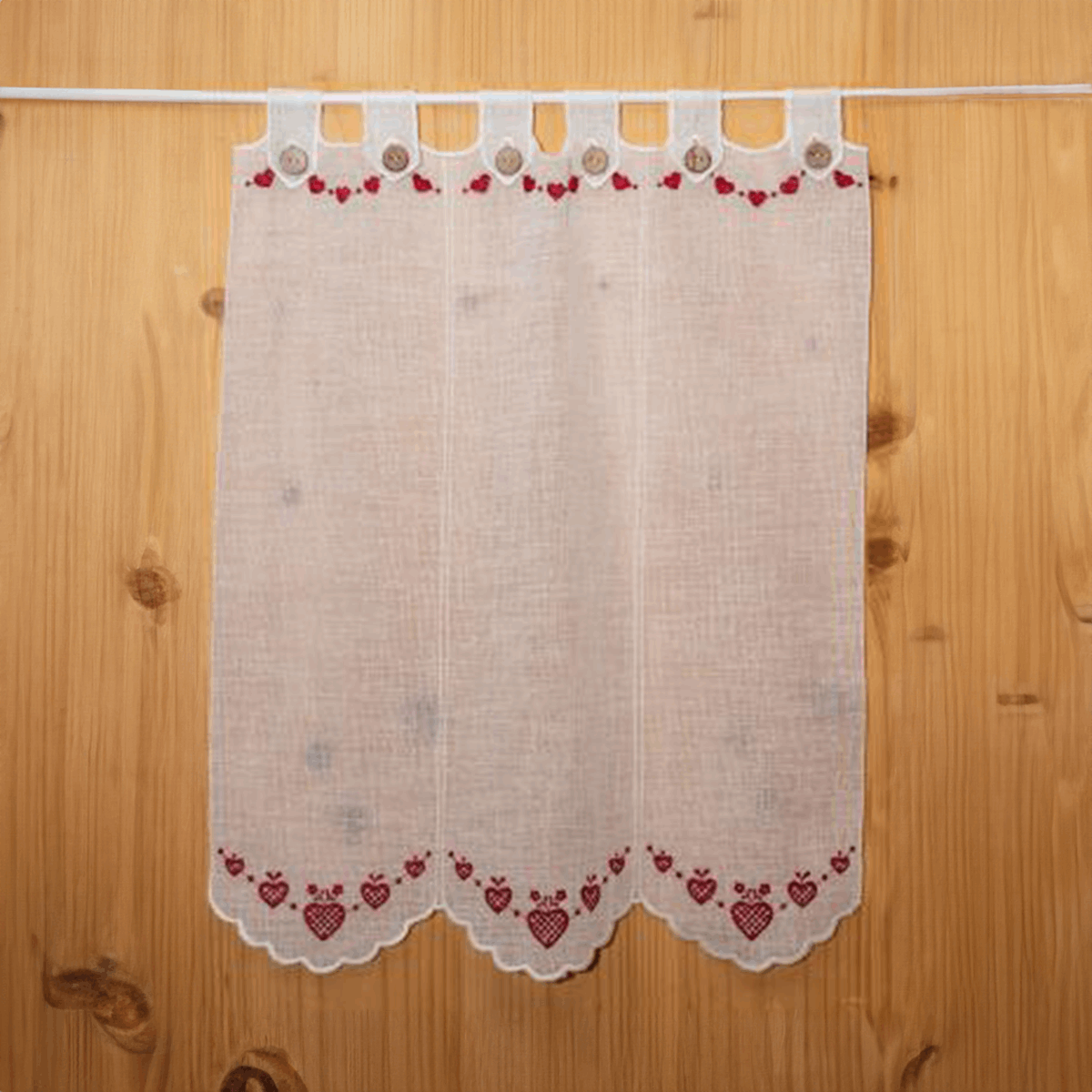 Tenda tirolese rossa con bretelle e cuori ricamati, moduli 16 cm, tagliata su misura