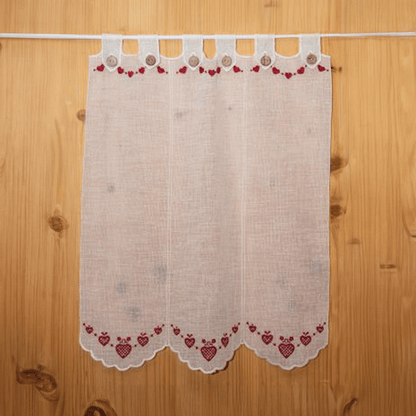 Tenda tirolese rossa con bretelle e cuori ricamati, moduli 16 cm, tagliata su misura