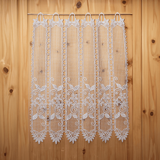 Tenda tirolese elegante a metraggio con macramé traforato, moduli 8 cm, tagliata su misura, altezza 60 cm