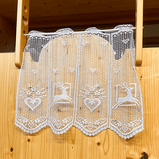 Tenda tirolese traforata con cuore e cervo, moduli 12 cm, venduta a metraggio, stile alpino