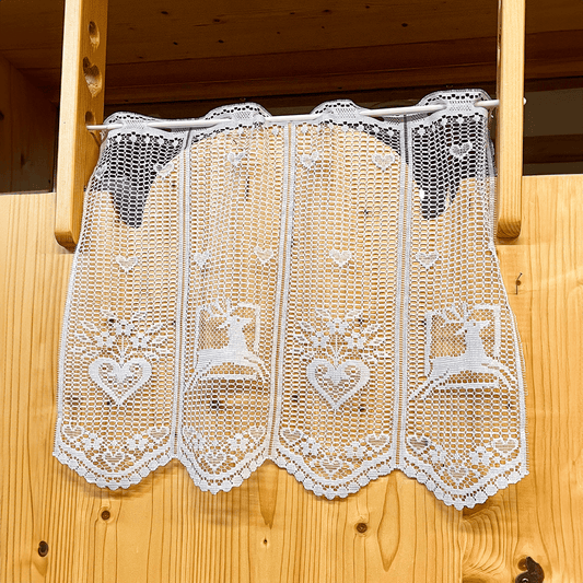 Tenda tirolese traforata con cuore e cervo, moduli 12 cm, venduta a metraggio, stile alpino